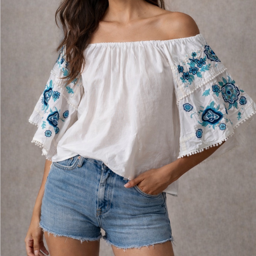 Parker Off Shoulder Embroidered Bell Sleeve Top